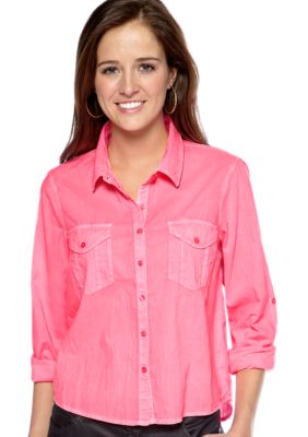 Fire Long Roll Sleeve Neon Button Front Shirt