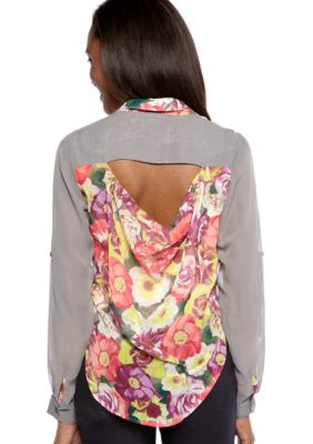 Fire Roll Sleeve Floral Hi-Lo Hem Shirt
