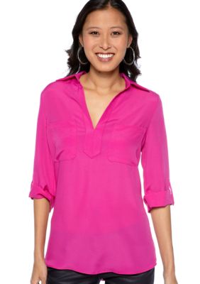 Eight Sixty Solid Pocket Roll Tab Sleeve Blouse