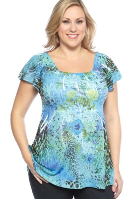 Jane Ashley Plus Size Animal Print Floral Smocked Treatment Knit Top