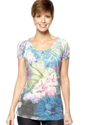 Jane Ashley Peasant Key Hole Sublime Blue Green Top