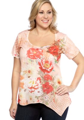 Jane Ashley Plus Size Floral Sharkbite Knit Top