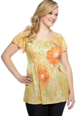 Jane Ashley Plus Size Stamped Floral Smocked Treatment Knit Top