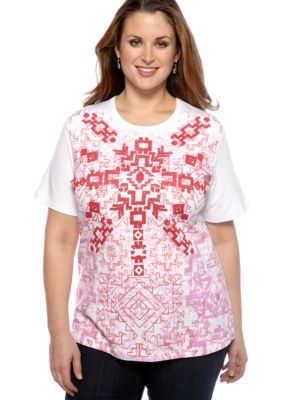 Jane Ashley Plus Size Tribal Front Short Sleeve Tee