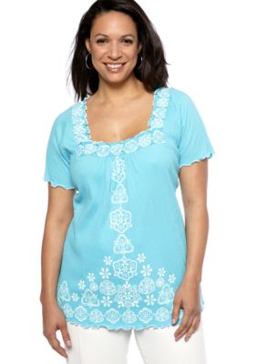 Kim Rogers Plus Size Embellished Square Neck Crinkle Top