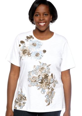 Jane Ashley Plus Size Asymmetrical Floral Slub Tee