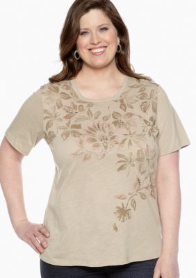 Jane Ashley Plus Size Floral Yoke Slub Tee