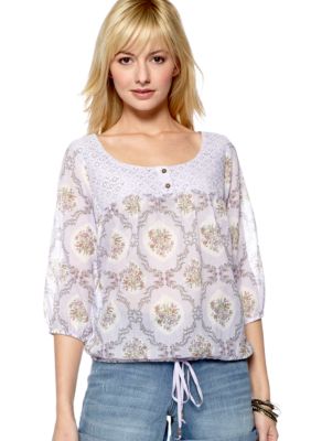 Nine West Vintage America Collection Hanna Floral Print Blouson Top with Lace Yoke