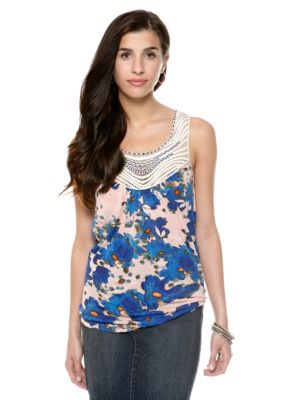 Nine West Vintage America Collection Floral Print Tank with Crochet Trim
