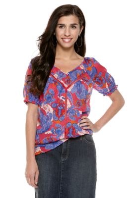 Nine West Vintage America Collection Katie Paisley Print Crochet Embellished Top