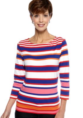 Ruby Rd Cruise Control Boat Neck Three Quarter Sleeve Stripe Top