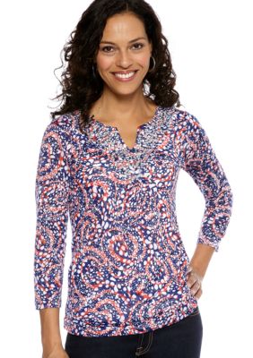 Ruby Rd Cruise Control Embellished Split Neck Dot Print Top