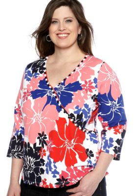 Ruby Rd Plus Size Cruise Control Mock Surplice Exploded Floral Knit Top