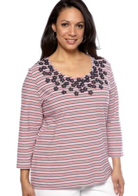 Ruby Rd Plus Size Floral Applique Stripe Knit Top