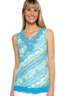 Ruby Rd Eye Candy Sleeveless Crochet Embellished V-Neck Top