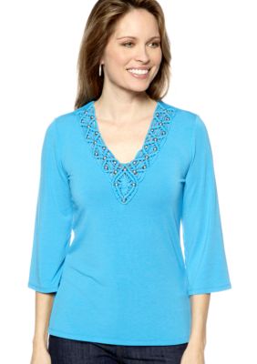 Ruby Rd Eye Candy Crochet Embellished V-Neck