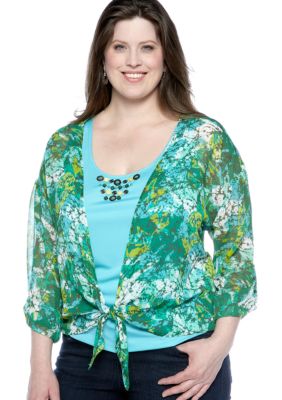 Ruby Rd Plus Size Calypso Tie Front 2-in-1 Top