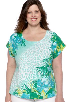 Ruby Rd Plus Size Calypso Sequin Embellished Tropics Printed Top
