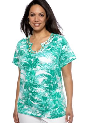 Ruby Rd Plus Size Palm Embellished Keyhole Knit Top