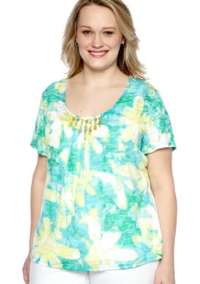 Ruby Rd Plus Size Calypso Floral Print Burnout Knit Top