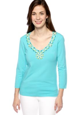 Ruby Rd Petite Calypso Embellished Neckline Tee