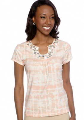 Ruby Rd Shell Party Embellished Keyhole Printed Top