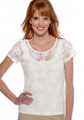Ruby Rd Shell Party Scallop Embellished Mesh Top