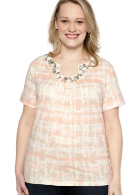 Ruby Rd Plus Size Shell Game Embellished Keyhole Printed Top