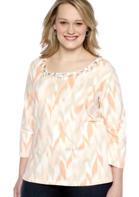 Ruby Rd Plus Size Shell Game Ikat Printed Asymmetrical Neck Knit Top