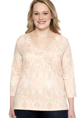 Ruby Rd Plus Size Shell Party Embellished Surplice Ikat Print Top