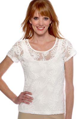 Ruby Rd Petite Shell Party Scallop Embellished Mesh Top