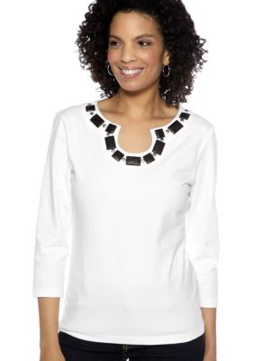 Ruby Rd Night and Day Embellished Open Key Hole Top
