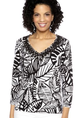 Ruby Rd Night and Day Embellished V-Neck Printed Top