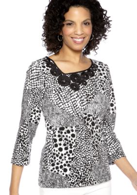 Ruby Rd Night And Day Printed Asymmetrical Neckline Knit Top