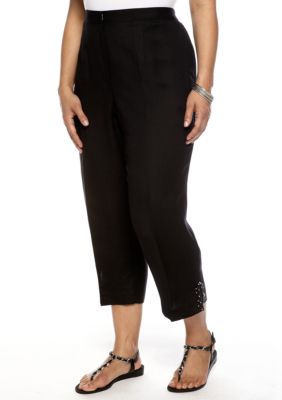 Ruby Rd Plus Size Night and Day Embellished Linen Capri