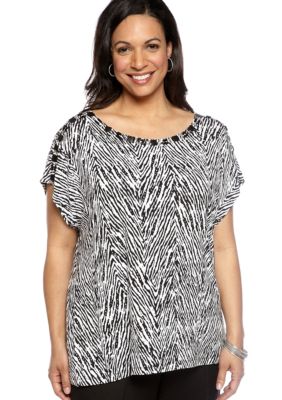 Ruby Rd Plus Size Day and Night Wood Printed Cap Sleeve Knit Top