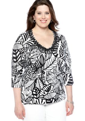 Ruby Rd Plus Size Night and Day Leaf Print Embellished V-Neck Top