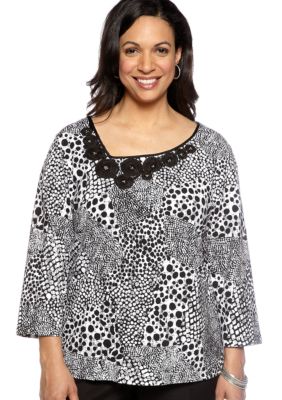 Ruby Rd Plus Size Night And Day Printed Asymmetrical Neckline Knit Top