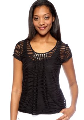 Ruby Rd Petite Night and Day Short Sleeve Embellished Mesh Knit Top