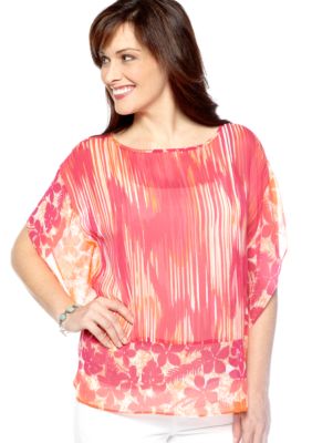 Ruby Rd High Voltage Scoop Neck Tropical Print Top