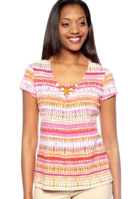 Ruby Rd High Voltage Embellished Short Sleeve Strip Knit