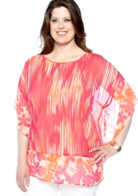 Ruby Rd Plus Size High Voltage Scoop Neck Tropical Print Blouse
