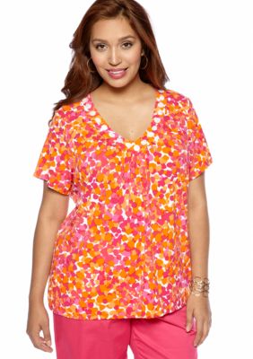 Ruby Rd Plus Size High Voltage Embellished V-Neck Mixed Dot Top