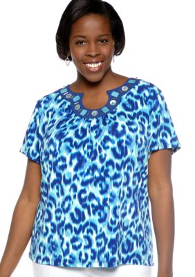 Ruby Rd Plus Size Beyond the Sea Leopard Keyhole ITY Knit Top