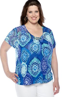 Ruby Rd Plus Size Beyond The Sea Medallion Printed Mesh Knit Top