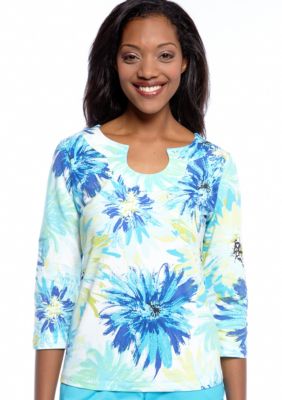Ruby Rd Favorite Open Key Hole Zesty Floral Print Knit Top