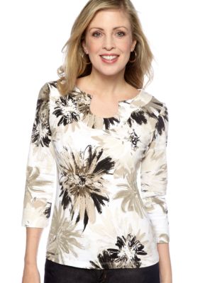 Ruby Rd Favorite Open Key Hole Zesty Floral Print Knit Top