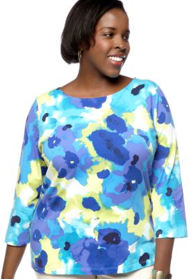 Ruby Rd Plus Size Must Have Ballet Neck Watercolor Floral Knit Top