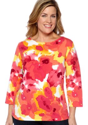 Ruby Rd Plus Size Must Have Ballet Neck Watercolor Floral Knit Top
