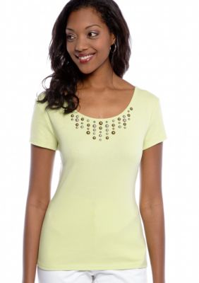 Ruby Rd Embellished Solid Rib Knit Top with Cap Sleeves